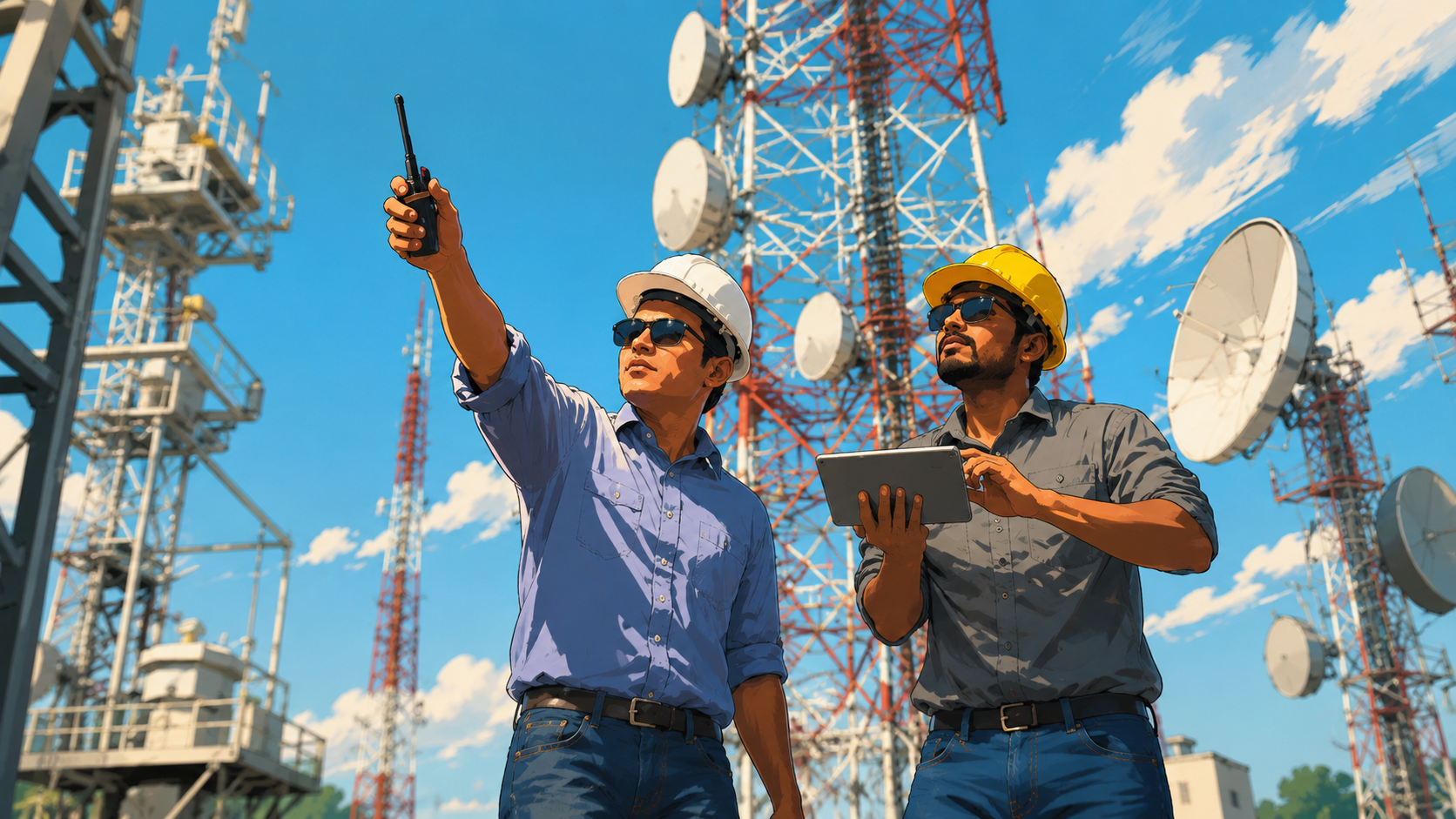 Telecom field engineers inspecting network towers